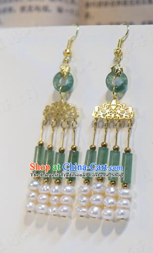 Top Grade China Qing Dynasty Jade Ear Jewelry Traditional Hanfu Accessories Ancient Empress Pearls Tassel Earrings