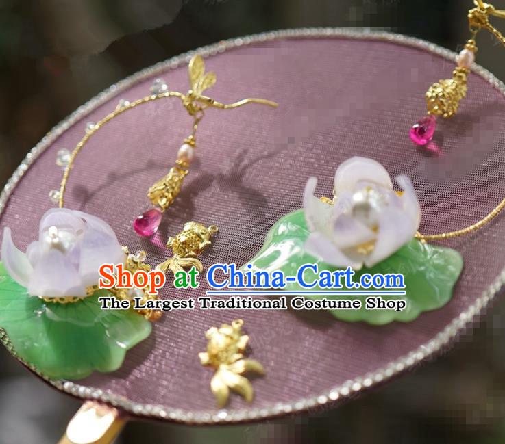Chinese Handmade Pink Silk Round Fan Traditional Wedding Jewelry Accessories Ancient Bride Fish Lotus Palace Fan
