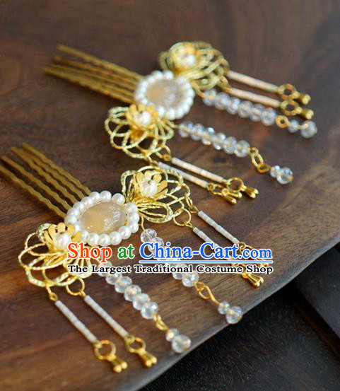China Ancient Bride Beige Flowers Hair Crown Traditional Xiuhe Suit Hairpins Hair Sticks Wedding Luxury Hair Accessories Full Set