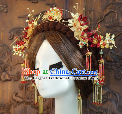 China Ancient Bride Red Hair Crown and Earrings Xiuhe Suit Headpieces Traditional Wedding Hair Accessories Full Set