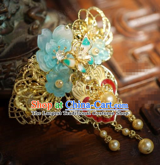 China Ancient Bride Blue Flowers Hair Sticks and Earrings Xiuhe Suit Headpieces Traditional Wedding Hair Accessories Hairpins Full Set