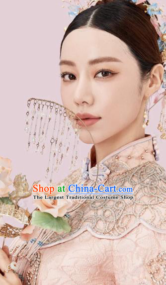 Chinese Ancient Bride Golden Crane Lotus Round Fan Traditional Jewelry Accessories Handmade Court Wedding Palace Fan