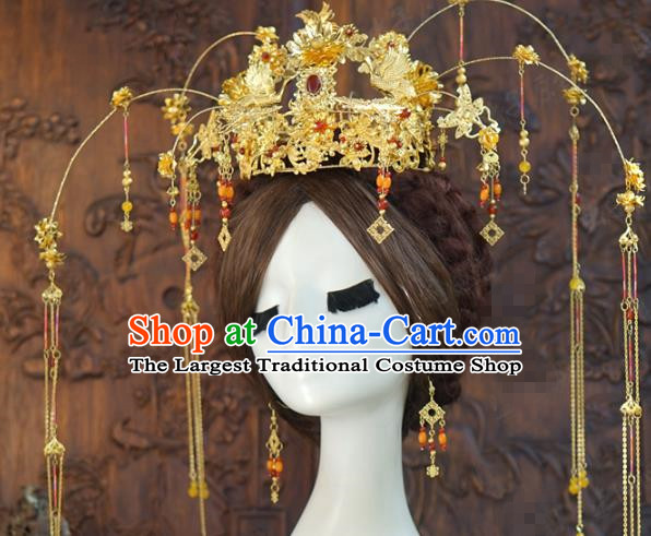 China Ancient Bride Xiuhe Suit Headpieces Traditional Wedding Hair Accessories Golden Phoenix Coronet Full Set