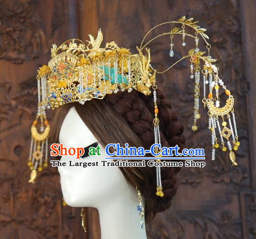 China Ancient Golden Phoenix Coronet Xiuhe Suit Headpieces Traditional Wedding Bride Hair Accessories Full Set