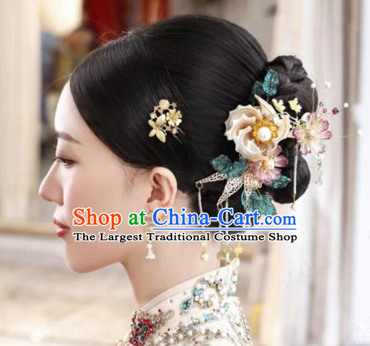 China Ancient Bride Flowers Hair Comb Wedding Hair Accessories Traditional Xiuhe Suit Tassel Hairpins Hair Sticks Full Set