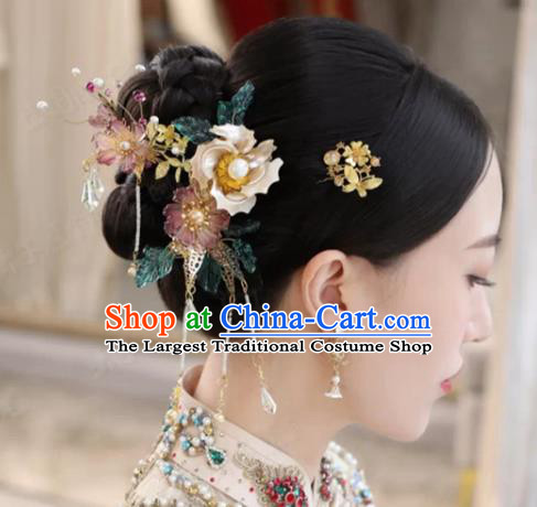 China Ancient Bride Flowers Hair Comb Wedding Hair Accessories Traditional Xiuhe Suit Tassel Hairpins Hair Sticks Full Set