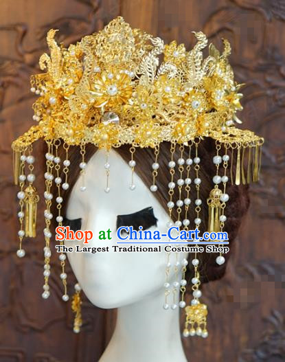 China Ancient Queen Golden Phoenix Coronet Traditional Wedding Bride Hair Accessories Xiuhe Suit Hair Crown