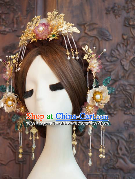 China Ancient Bride Wedding Hair Accessories Traditional Xiuhe Suit Tassel Hairpins Hair Sticks Flowers Hair Comb Full Set