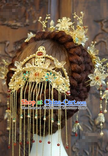 China Traditional Xiuhe Suit Headdress Wedding Bride Hair Accessories Ancient Queen Hair Crown and Tassel Hairpins