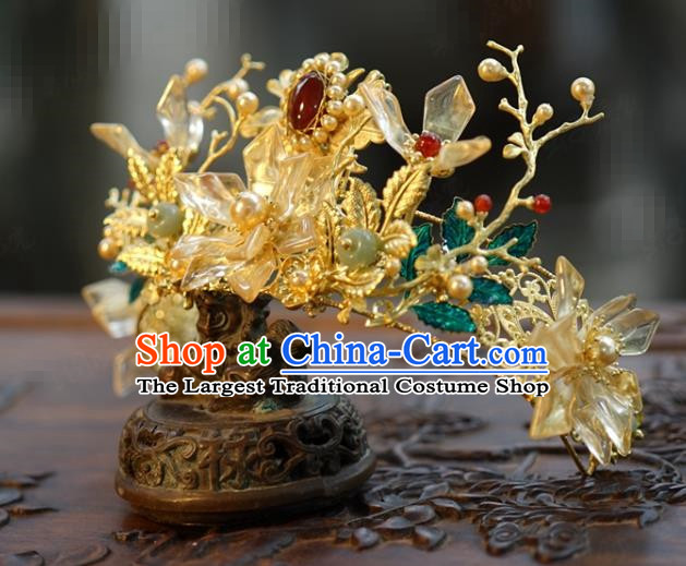 China Ancient Palace Agate Pearls Hair Crown Traditional Xiuhe Suit Hair Jewelry Accessories Wedding Golden Hair Clasp