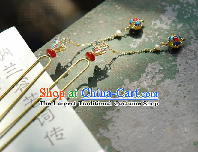 China Qing Dynasty Cloisonne Butterfly Hairpin Traditional Xiuhe Suit Hair Jewelry Accessories Ancient Palace Golden Hair Stick