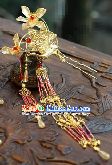China Ancient Palace Tassel Hair Stick Traditional Xiuhe Suit Hair Jewelry Accessories Court Golden Crane Hairpins