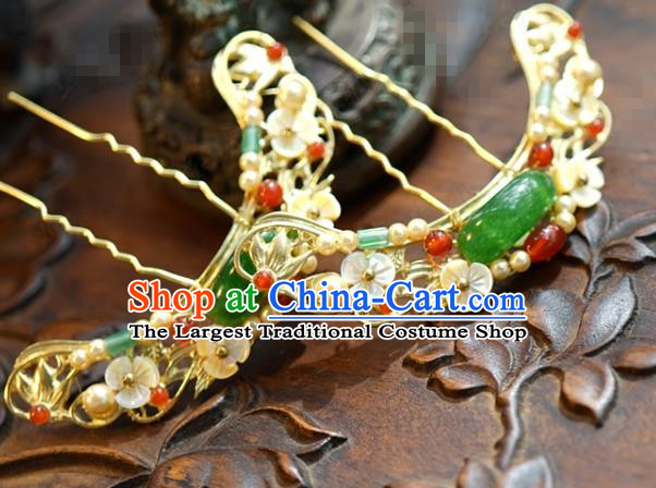 China Ancient Palace Jade Pearls Hair Sticks Traditional Xiuhe Suit Hair Jewelry Accessories Qing Dynasty Court Gems Hairpins
