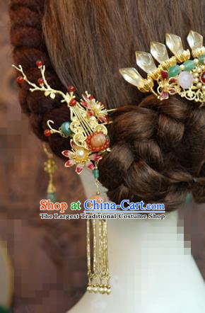 China Ancient Bride Golden Lute Hairpin Traditional Xiuhe Suit Hair Accessories Wedding Jewelry Adornment Red Plum Hair Stick
