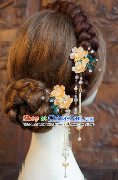 China Ancient Bride Hairpin Traditional Xiuhe Suit Hair Accessories Wedding Orange Flowers Tassel Hair Sticks