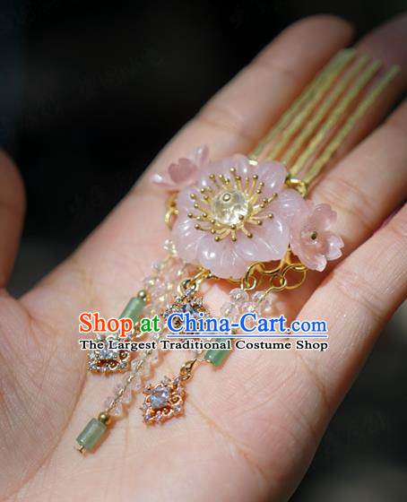 China Wedding Pink Flower Hair Comb Zircon Jewelry Adornment Traditional Xiuhe Suit Hair Accessories Ancient Princess Tassel Hairpin