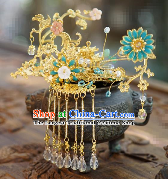 China Ancient Golden Palace Hairpin Traditional Xiuhe Suit Hair Jewelry Accessories Tassel Step Shake