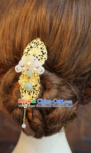 China Ancient Jade Hair Comb Traditional Xiuhe Suit Hair Jewelry Accessories Palace Tassel Golden Hairpin