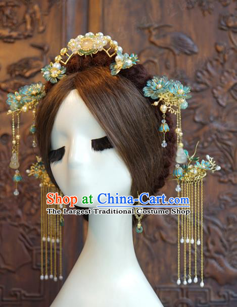 China Ancient Bride Hair Accessories Traditional Wedding Xiuhe Suit Flowers Hairpins Tassel Hair Sticks Complete Set