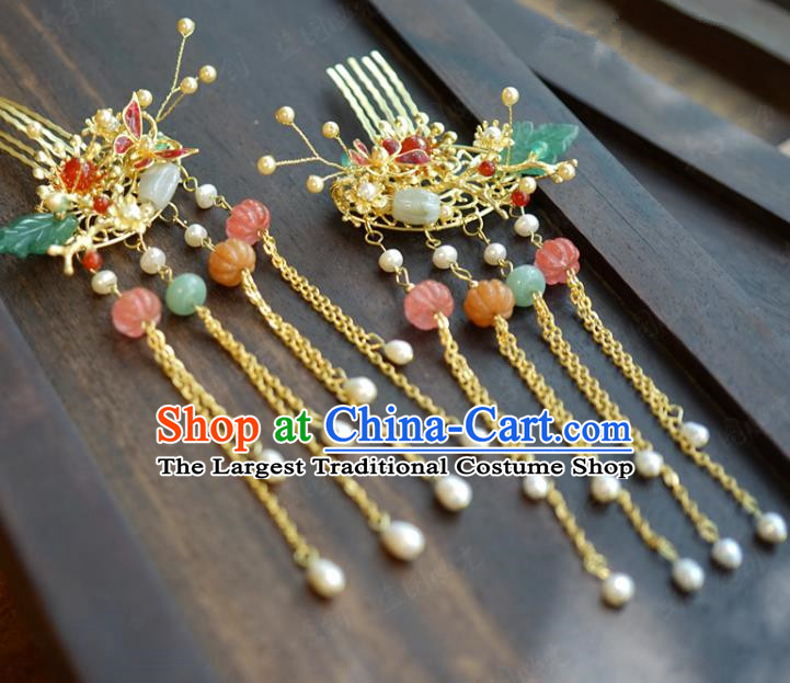 China Ancient Bride Cloisonne Lotus Tassel Hair Crown and Hairpins Traditional Hair Accessories Wedding Xiuhe Suit Headpieces