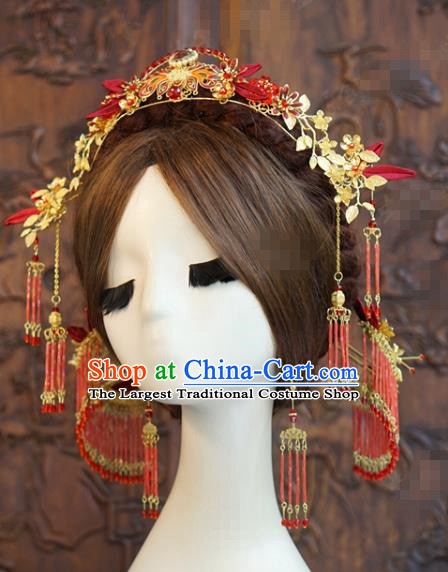 China Traditional Hair Accessories Wedding Xiuhe Suit Headpieces Ancient Bride Cloisonne Red Hair Crown and Hairpins