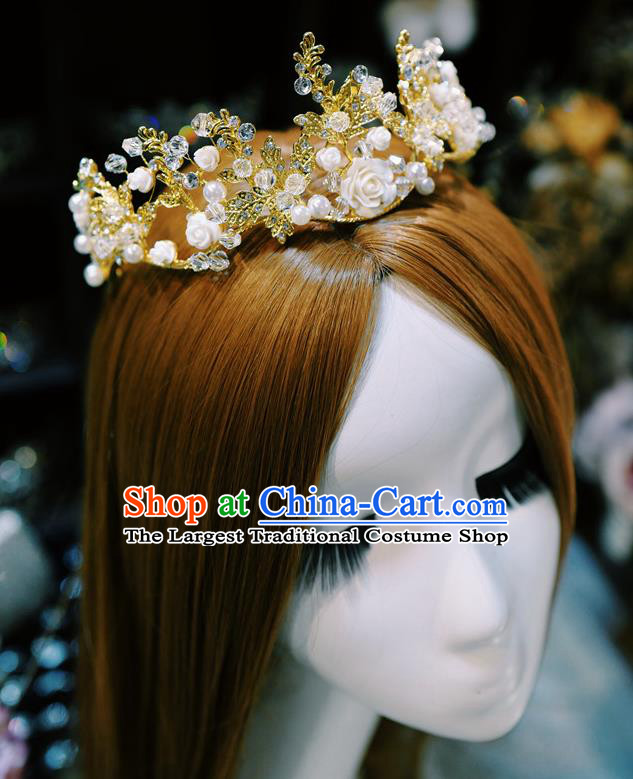 Handmade European Court Retro Golden Royal Crown Hair Accessories Baroque Bride Headwear Wedding White Rose Hair Clasp
