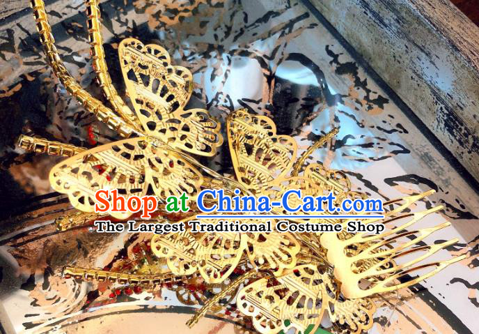 Chinese Bride Golden Butterfly Hair Comb Ancient Wedding Jewelry Accessories Traditional Hairpin