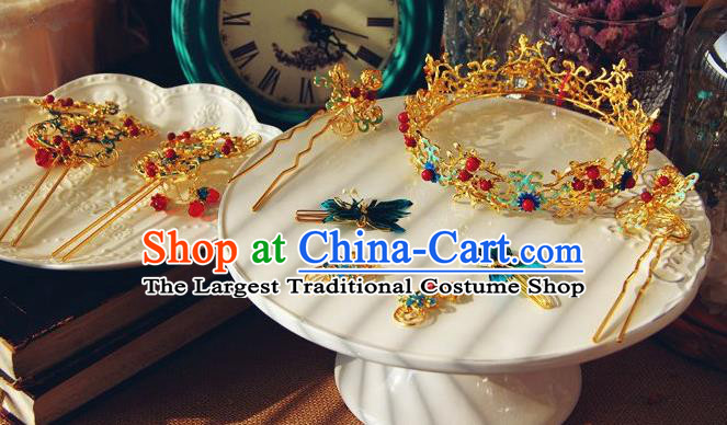 Chinese Traditional Bride Blueing Hair Crown and Hairpins Ancient Wedding Hair Jewelry Accessories Full Set