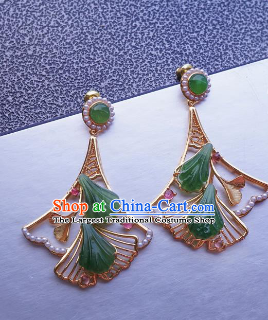 Top Grade Chinese Handmade Jade Ginkgo Leaf Ear Jewelry Accessories Traditional Classical Pearls Earrings