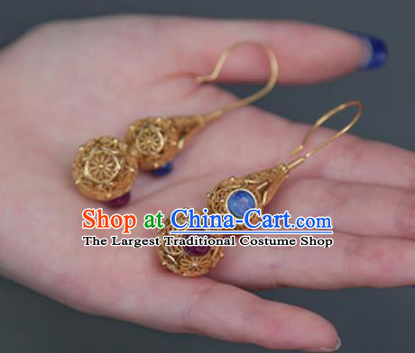 Top Grade Chinese Classical Golden Gourd Earrings Traditional Handmade Gems Ear Jewelry Miing Dynasty Accessories