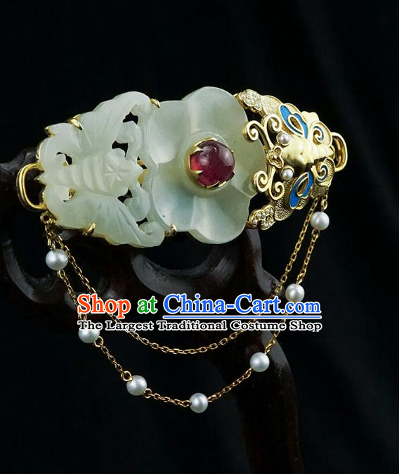 China Classical Cheongsam Jade Carving Butterfly Plum Brooch Traditional Handmade Golden Tassel Breastpin