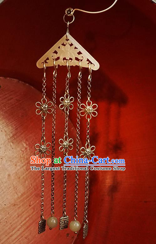 Top Grade Chinese Qing Dynasty Jade Accessories Classical Court Earrings Traditional Handmade Silver Tassel Ear Jewelry