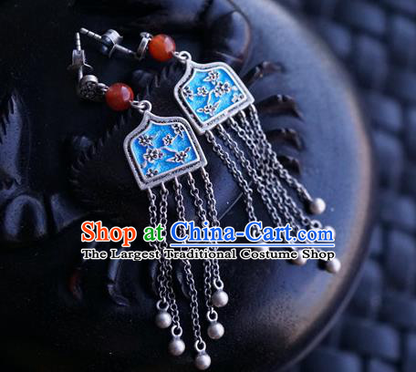 Top Grade Chinese Silver Accessories Classical Court Blueing Earrings Traditional Handmade Bells Tassel Ear Jewelry