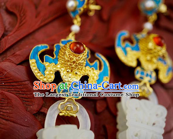Top Grade Chinese Classical Court Blueing Bat Earrings Traditional Handmade Ear Jewelry Jade Accessories