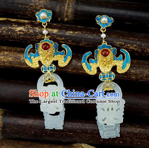 Top Grade Chinese Classical Court Blueing Bat Earrings Traditional Handmade Ear Jewelry Jade Accessories