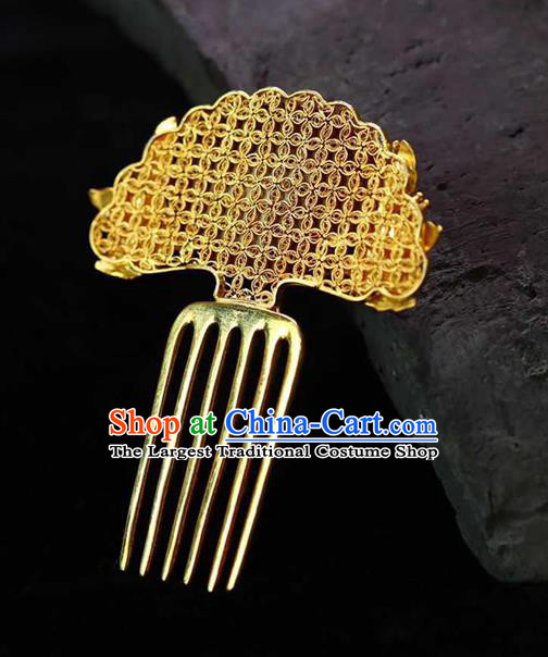 Chinese Ancient Empress Hair Accessories Traditional Qing Dynasty Court Carved Lacquerware Golden Hair Comb