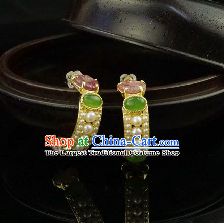 Top Grade Chinese Traditional Classical Jade Earrings Handmade Pearls Ear Jewelry Qing Dynasty Court Accessories