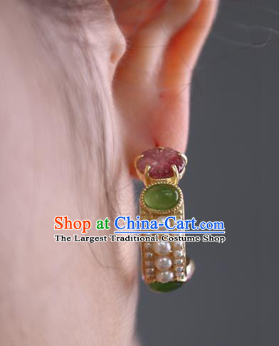 Top Grade Chinese Traditional Classical Jade Earrings Handmade Pearls Ear Jewelry Qing Dynasty Court Accessories