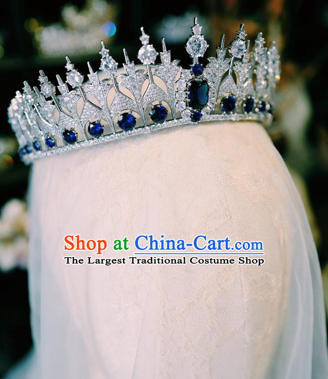 European Queen Zircon Headwear Handmade Baroque Bride Wedding Jewelry Accessories Women Luxury Blue Crystal Royal Crown