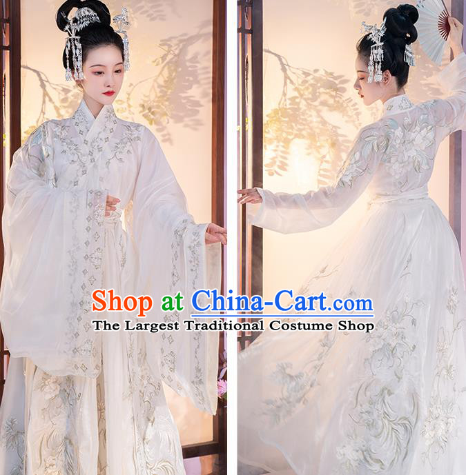 China Jin Dynasty Court Lady Clothing Embroidered White Hanfu Dress Traditional Ancient Imperial Concubine Costume
