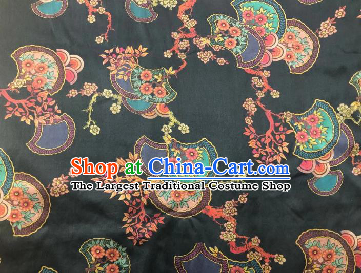 Chinese Classical Fan Flowers Pattern Design Black Gambiered Guangdong Gauze Fabric Asian Traditional Cheongsam Silk Material