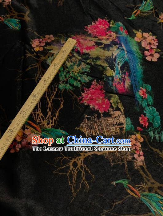 Chinese Classical Flowers Pattern Design Black Gambiered Guangdong Gauze Fabric Asian Traditional Cheongsam Silk Material