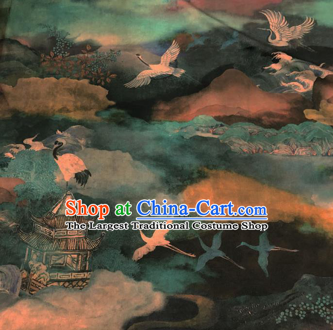 Chinese Classical Crane Pavilion Pattern Design Deep Green Gambiered Guangdong Gauze Fabric Asian Traditional Cheongsam Silk Material