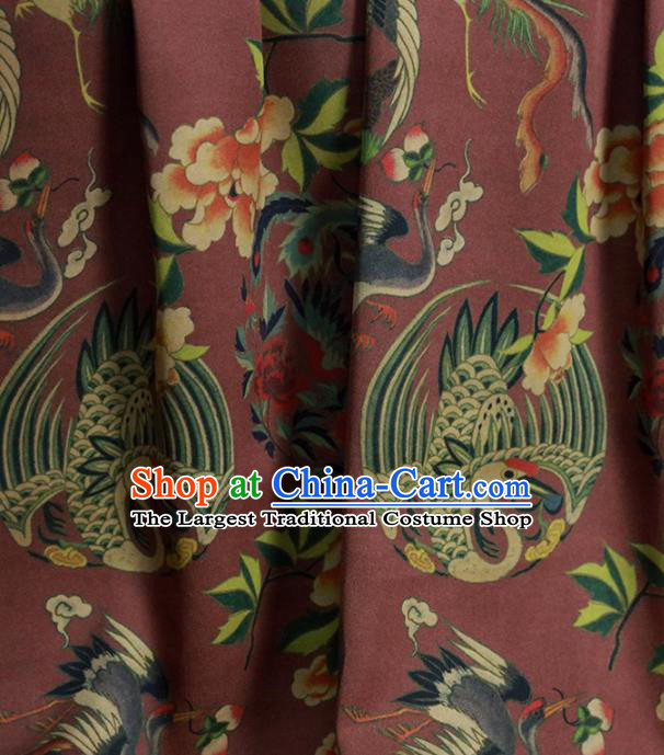 Chinese Classical Crane Peach Pattern Design Wine Red Gambiered Guangdong Gauze Fabric Asian Traditional Cheongsam Silk Material