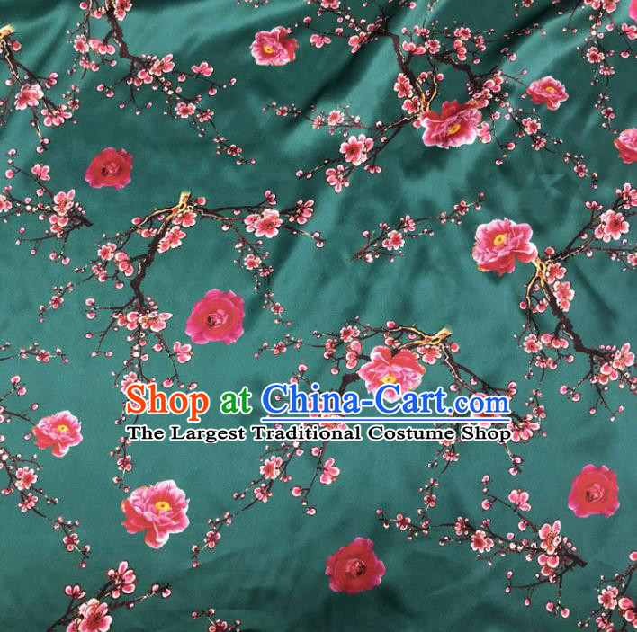 Chinese Classical Plum Blossom Pattern Design Deep Green Gambiered Guangdong Gauze Fabric Asian Traditional Cheongsam Silk Material