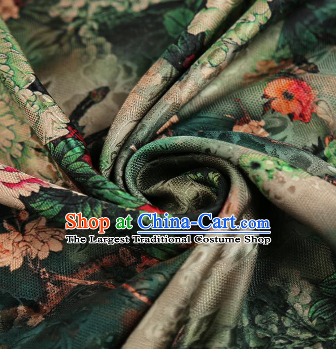 Chinese Classical Peony Pattern Design Deep Green Mulberry Silk Fabric Asian Traditional Cheongsam Silk Material