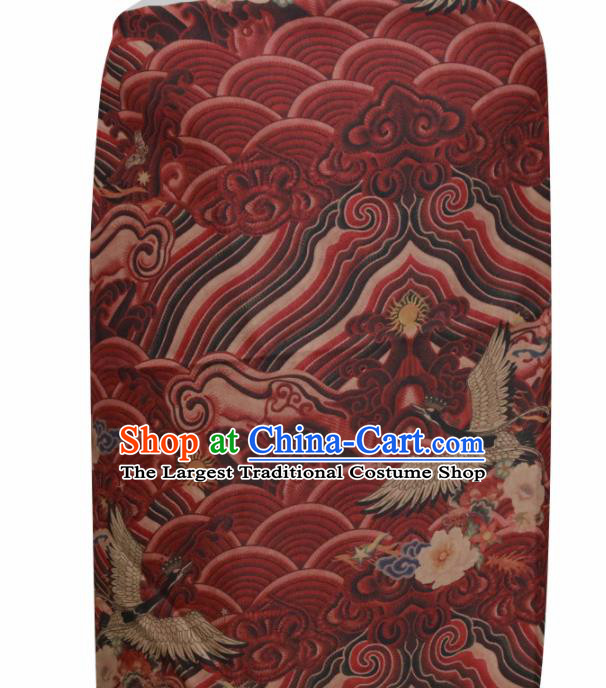 Chinese Classical Wave Crane Pattern Design Dark Red Gambiered Guangdong Gauze Fabric Asian Traditional Cheongsam Silk Material