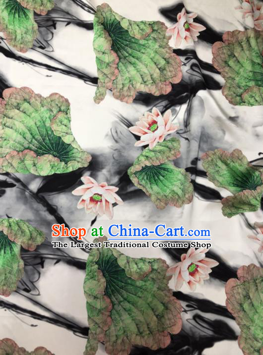 Chinese Classical Lotus Pattern Design White Gambiered Guangdong Gauze Fabric Asian Traditional Cheongsam Silk Material