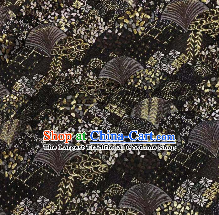 Chinese Classical Royal Cherry Fan Pattern Design Black Brocade Fabric Asian Traditional Satin Tang Suit Silk Material