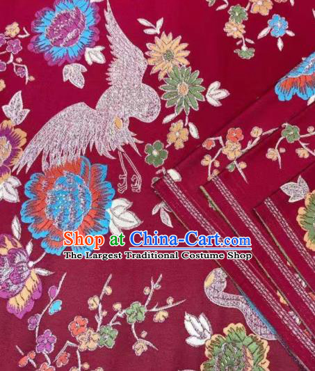 Japanese Kimono Classical Crane Plum Pattern Design Purplish Red Brocade Fabric Asian Traditional Satin Silk Material